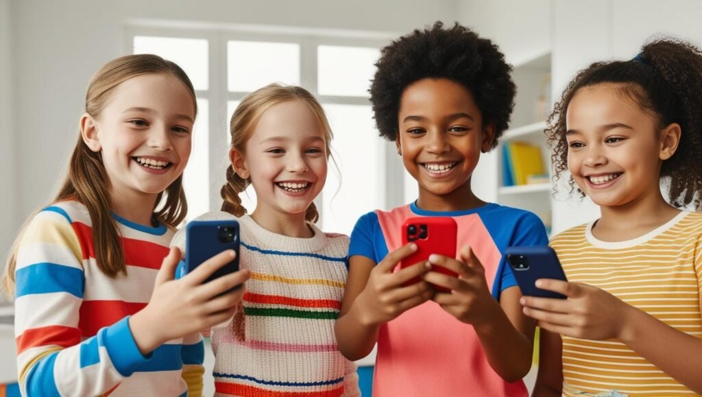 4 kind-influencers die met een telefoon filmpjes van elkaar opnemen blij, blanke kinderen